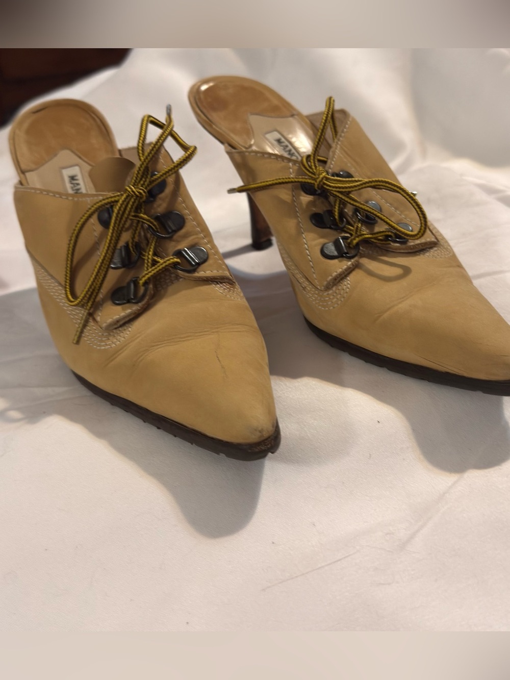 Vintage Manolo Blahnik Oklamod Timberland Pointed Toe Lace-Up Mules EU 38 US 7.5 - Picture 4 of 16